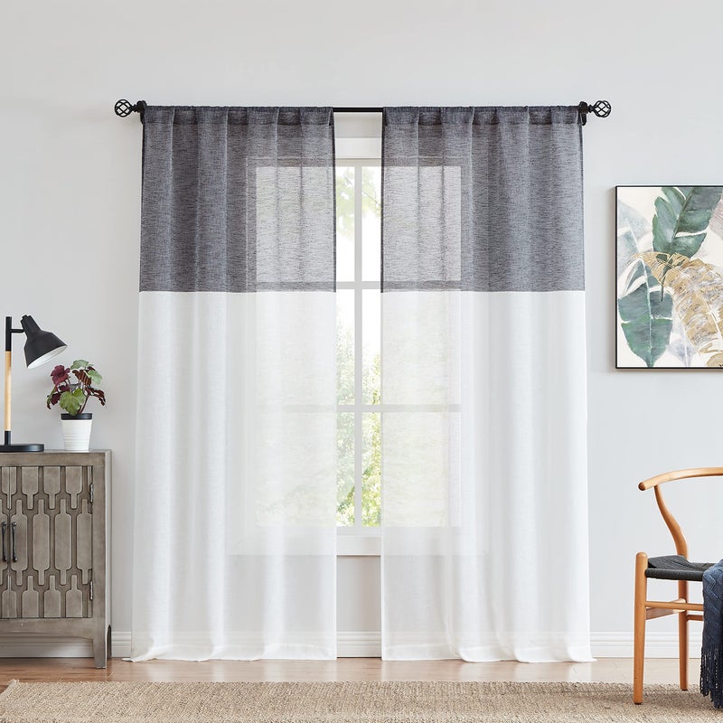 Central Park Black and White Stripe Sheer Color Block Window Curtain Panel Linen Drape Treatment for Bedroom Living Room Farmhouse 84 inches Long with Rod Pocket,2 Panel Rustic Living Panels - Image 1